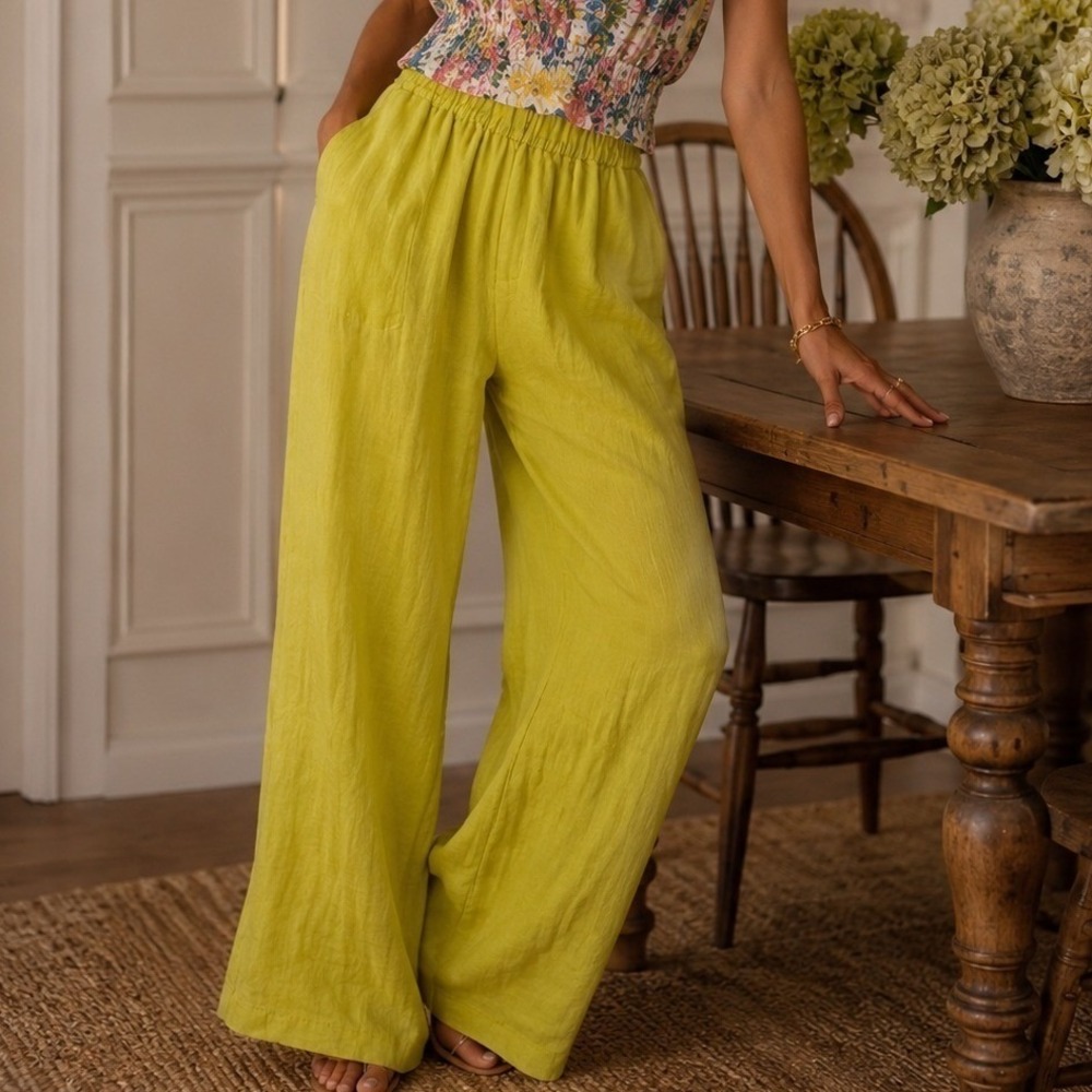 Bryn Walker Lime Green 100% Linen Wide Leg Elastic Waist Crop Pants Womens M